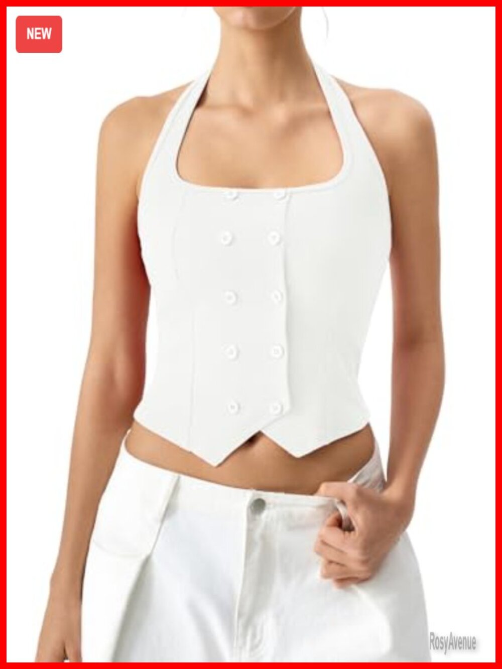 QINSEN Halter Square Neck Crop Tank Top Button Front Sleeveless Ribbed Knit